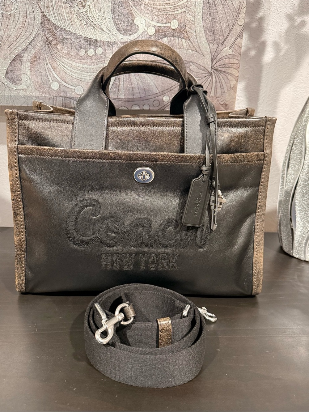 Coach Black and Brown Canvas Leather Tote with Shoulder Strap - Picture 7 of 8